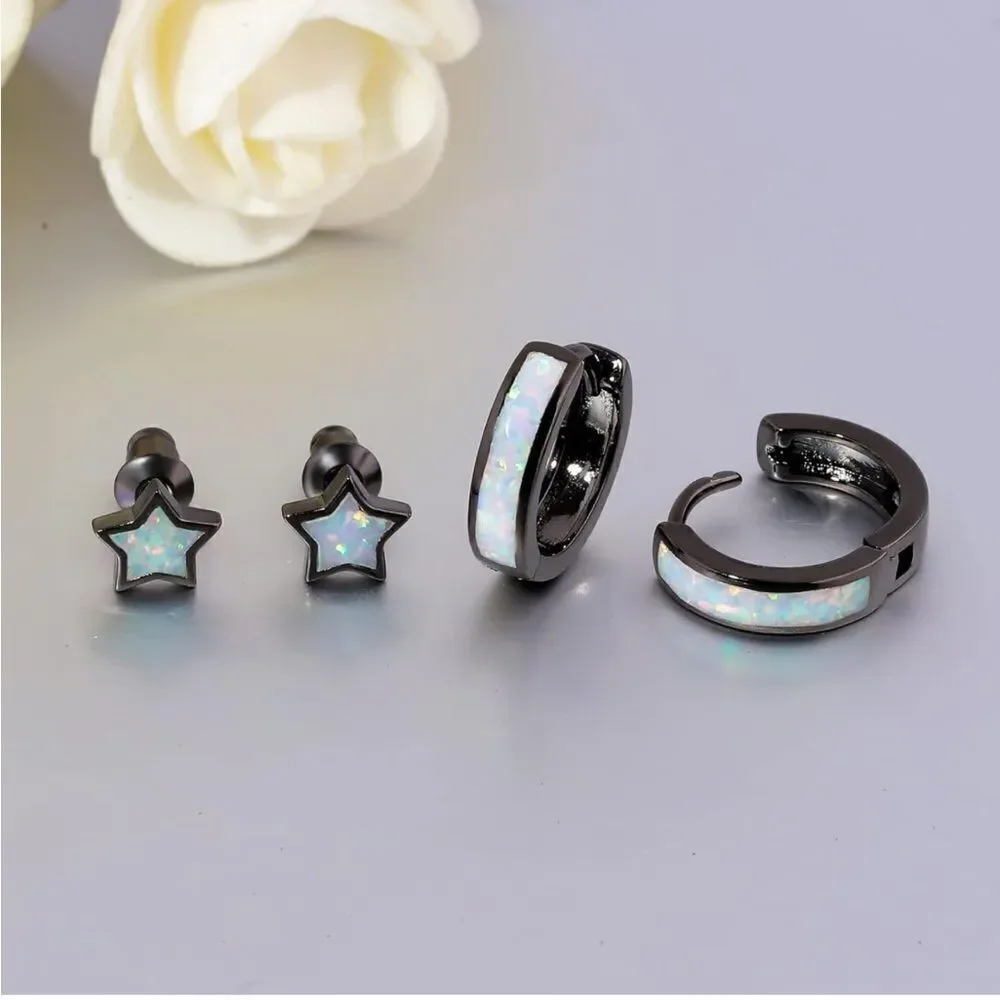 14K Black Gold with Genuine White Fire Opal Huggie Star Stud Earrings Set of 2